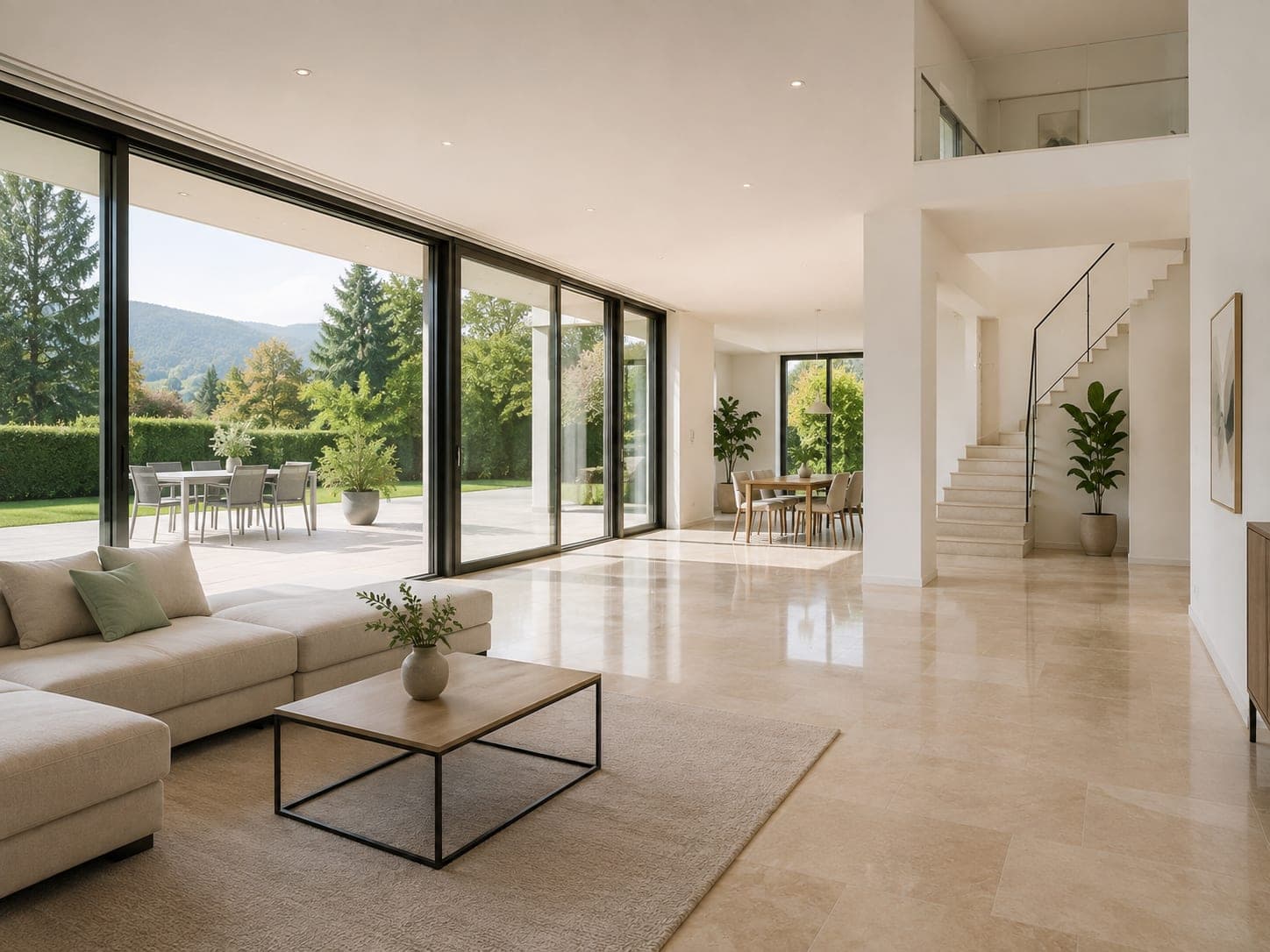 Séjour de villa aux grandes baies vitrées après nettoyage